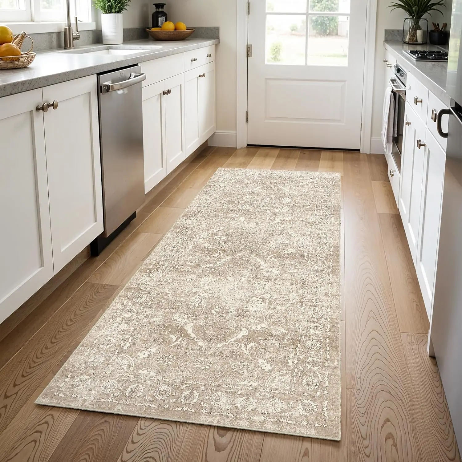 Washable 3x8 Runner Rug - Non-Slip Vintage Runner Rug for Entryway Low-Pile Medallion Long Rugs for Hallway Waterproof Runner Rug Indoor Thin Rug for (Natural Beige)