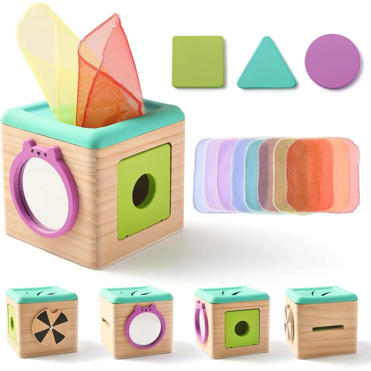 Wooden Baby Tissue Box Toy - Montessori Tissue Box Toy for Babies 12 Months with 3 Shape Blocks & 8 Silk Paper, Baby Boy Girl Gifts for Babies 12 18 Months Old Birthday Children Day