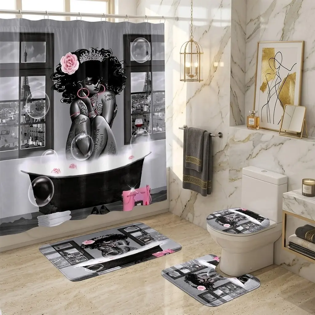 4pcs Paris scenery Black woman bathtub bubble art shower curtain set, pink rose crown positive tattoo quote print bathroom set, including toilet lid cover and matching bath mat, thicker and softer bath mat fabric! Stylish and charming bathroom decor