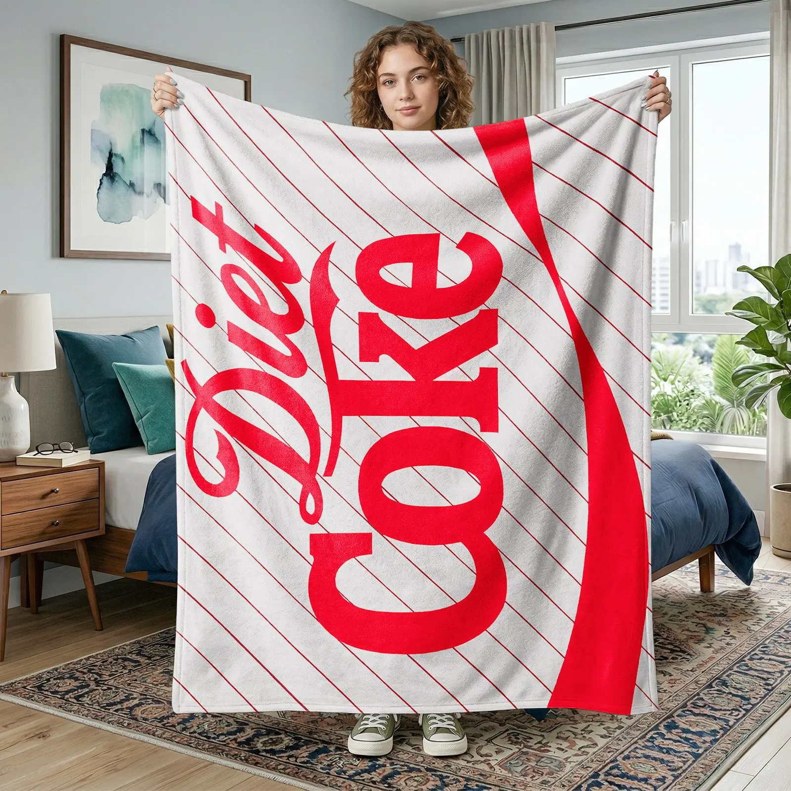 1pc Diet Coke Flannel Blanket, Classic Red White Soda Logo Design, Retro American Beverage Theme, Soft Warm Cozy Fleece Throw Blanket for Sofa Bed Couch Office Camping Travel, Birthday Christmas Gift, Soft Blankets