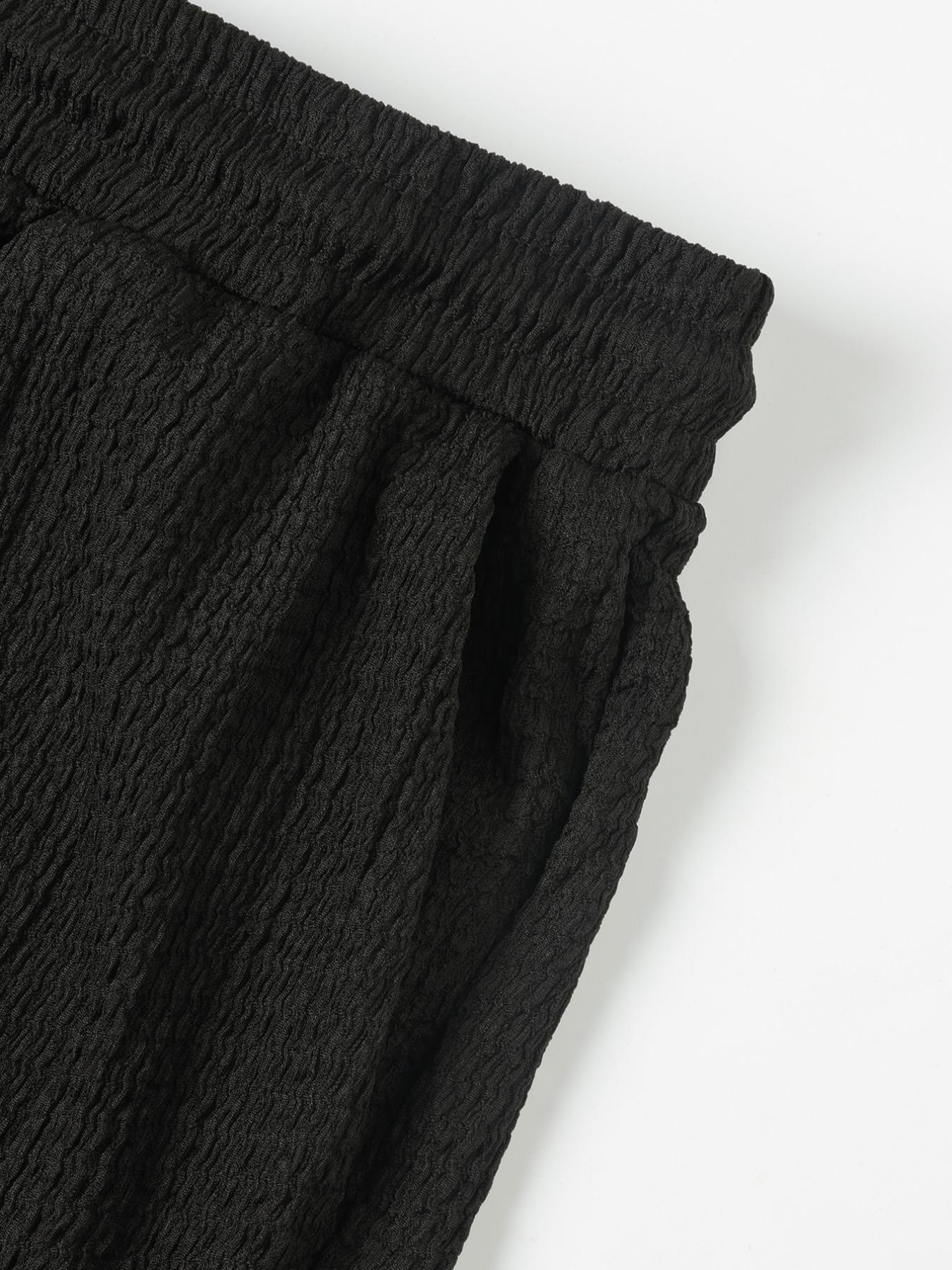 Men's Solid Jacquard Collared Blouse & Drawstring Pocket Pants Set, Casual Regular Fit Half Sleeve Top & Elastic Waist Trousers for Spring & Summer, Men's Clothes