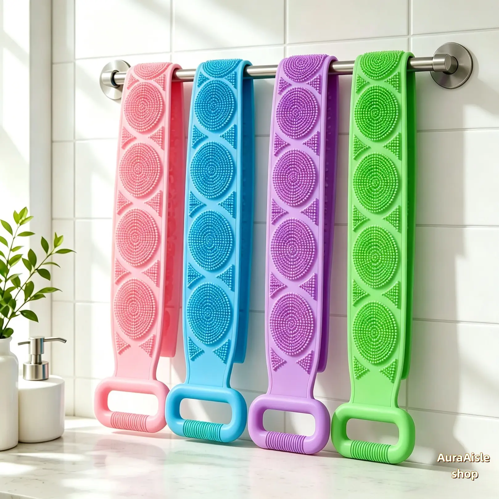 Flexible Double-Sided Silicone Back Scrubber Strap with Dual Loop Grip, Long Exfoliating Shower Body Brush with Ergonomic Handles, Soft Bristle Tool for Daily Shower & At-Home Self Care (Exfoliates Skin), Personal, Body Care, Accessories, Unisex, Body Scr