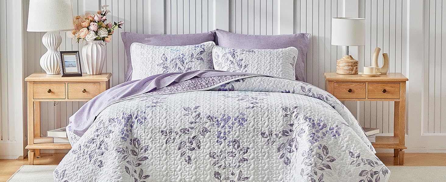 Floral Set 3 Piece Flower Sets Queen Size - Reversible Microfiber with 2 Shams Soft Breathable Botanical Bedding Bedspread Coverlet Summer Comforter All Season Purple Leaves Floral Set 3 Piece Flower Sets Queen Size - Reversible Microfiber with 2 Shams Soft Breathable Botanical Bedding Bedspread Coverlet Summer Comforter All Season Purple Leaves