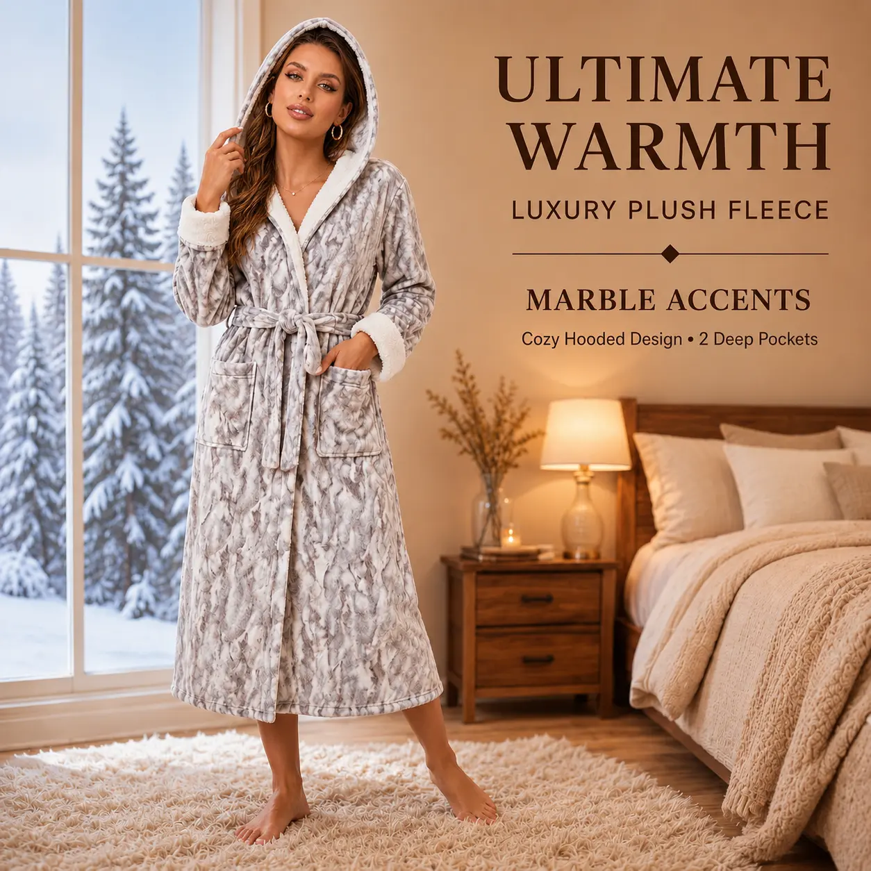 Women's Plush Fleece Hooded Bathrobe, Thick Fluffy Faux Rabbit Fur Print, Grey with White Trim, Pockets and Belt, Cozy Oversized Sleepwear