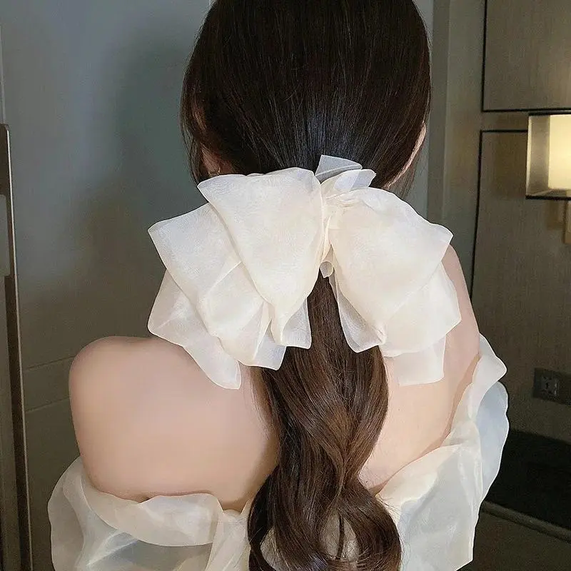 Black Beige Khaki Oversize Bow Hairpin for Women Cute Net Yarn Bowknot Ribbon Clip Hair Clip Korean Chiffon Hair Accessories