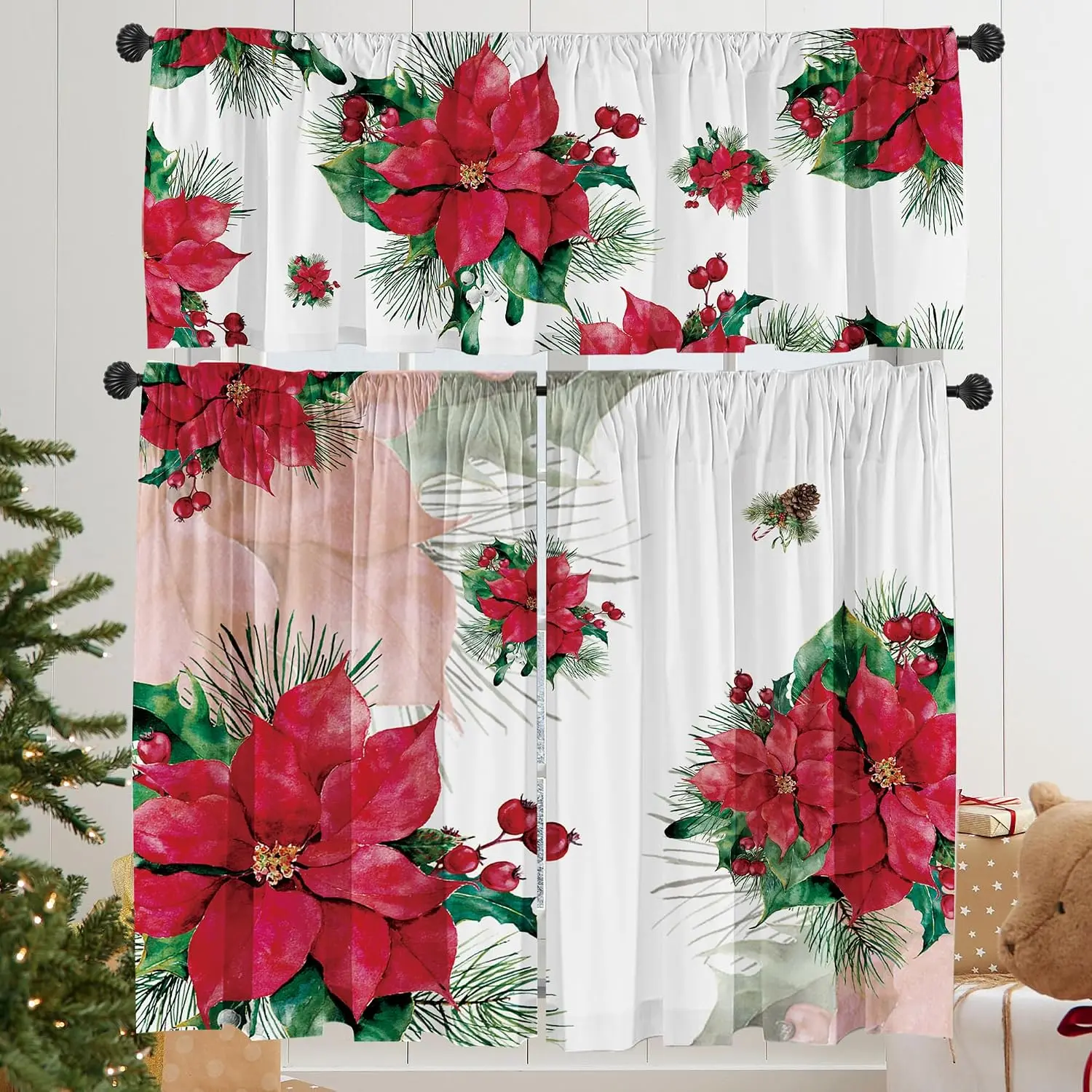 Christmas Poinsettia Curtain Valances Set - Upper & Lower Curtains, 52'' L x 18'' W & 36'' L x 26'' W, Kitchen Windows Decor, 3 count Set, Red