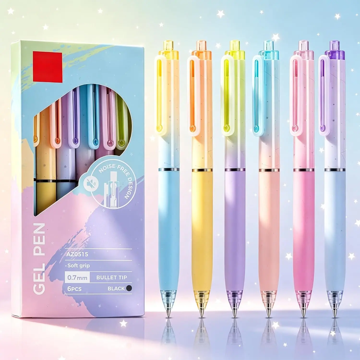 Gel Pens, 6 count Retractable Pens Black Ink, 0.7mm Medium Point Pen | Silent Click, Smooth Writing with Aesthetic Gradient Color for Journaling Note Taking