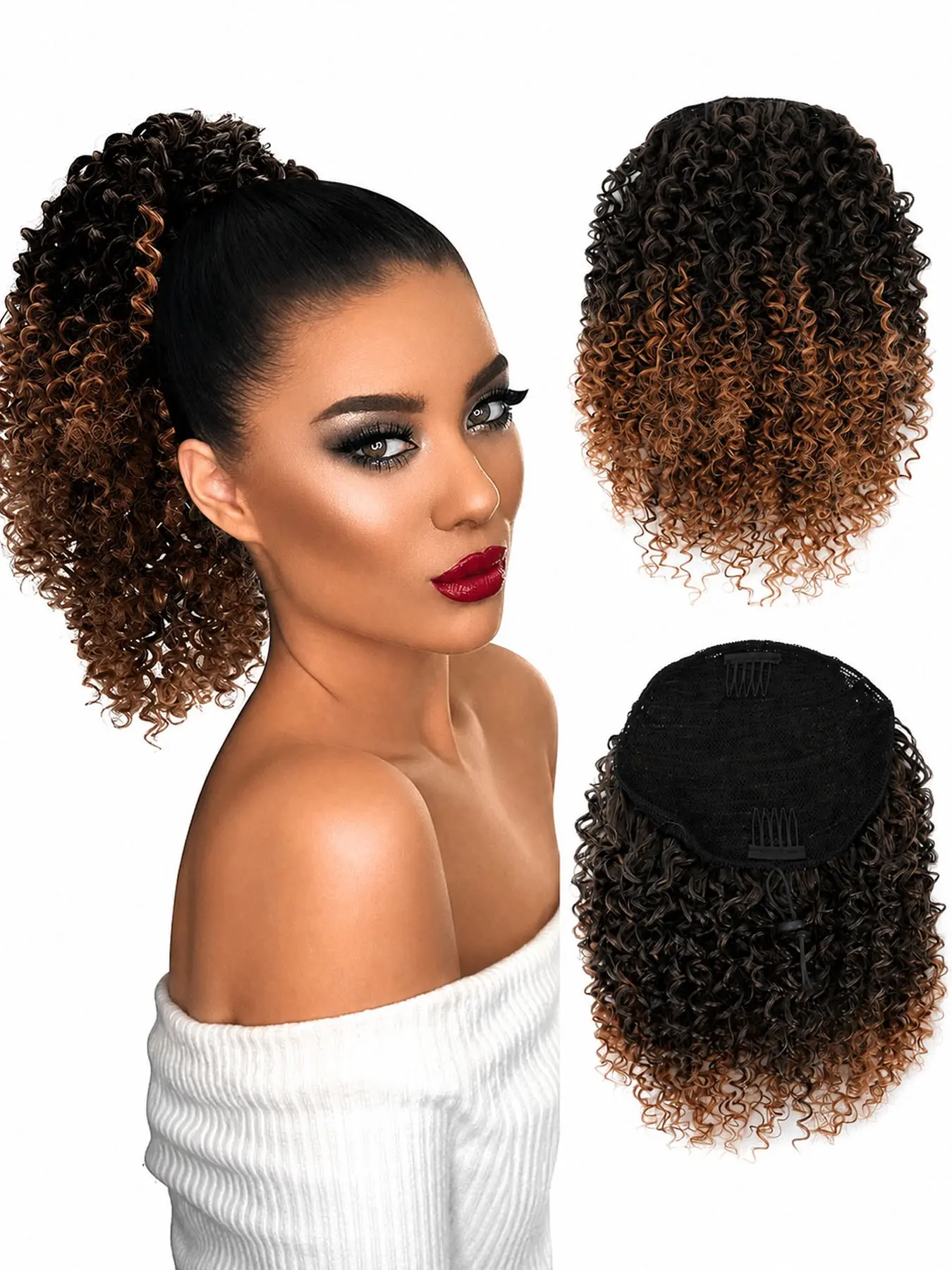 Drawstring Ponytail for Black Women Curly Brown Ponytail Extension for Black Women Synthetic Hair Extensions Short Afro Curly Ponytail Hair Pieces