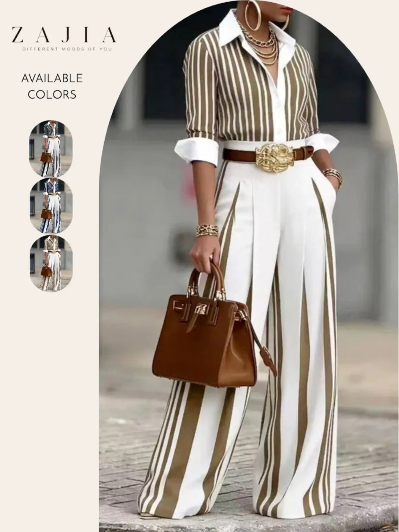 Women's 2 Piece Striped, Button Down Shirt & Wide Leg Pants, Casual Matching Set, Long Sleeve, Office Work Chic, Casual Everyday Set