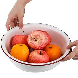 Set of 2 Enamel Bowls, 3 Quart Large Enamel Mixing Bowls, White Enamelware with Red Rim, 11 Inch Vintage Enamel Soup Basins for Fruit, Salad, Pasta, Dinner