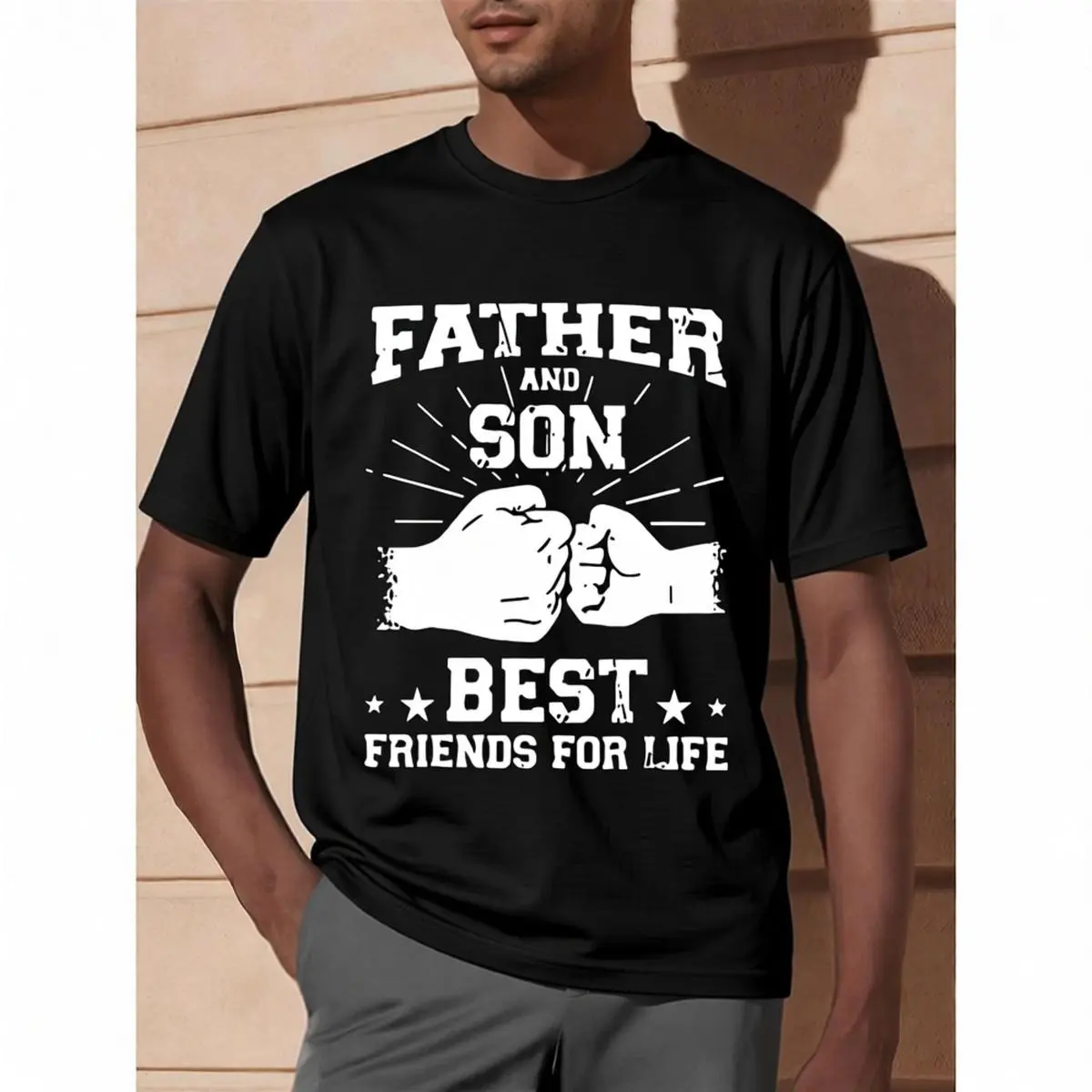 Men's Streetwear Basic Crew Neck Shortsleeve T-Shirt, Father's Day Gift with "Father And Son, Best Lifetime Friend" Alphabet Print, Casual Summer Top for Daily Wear, Cotton, Fashion, Menswear, Round Neck, Tshirt