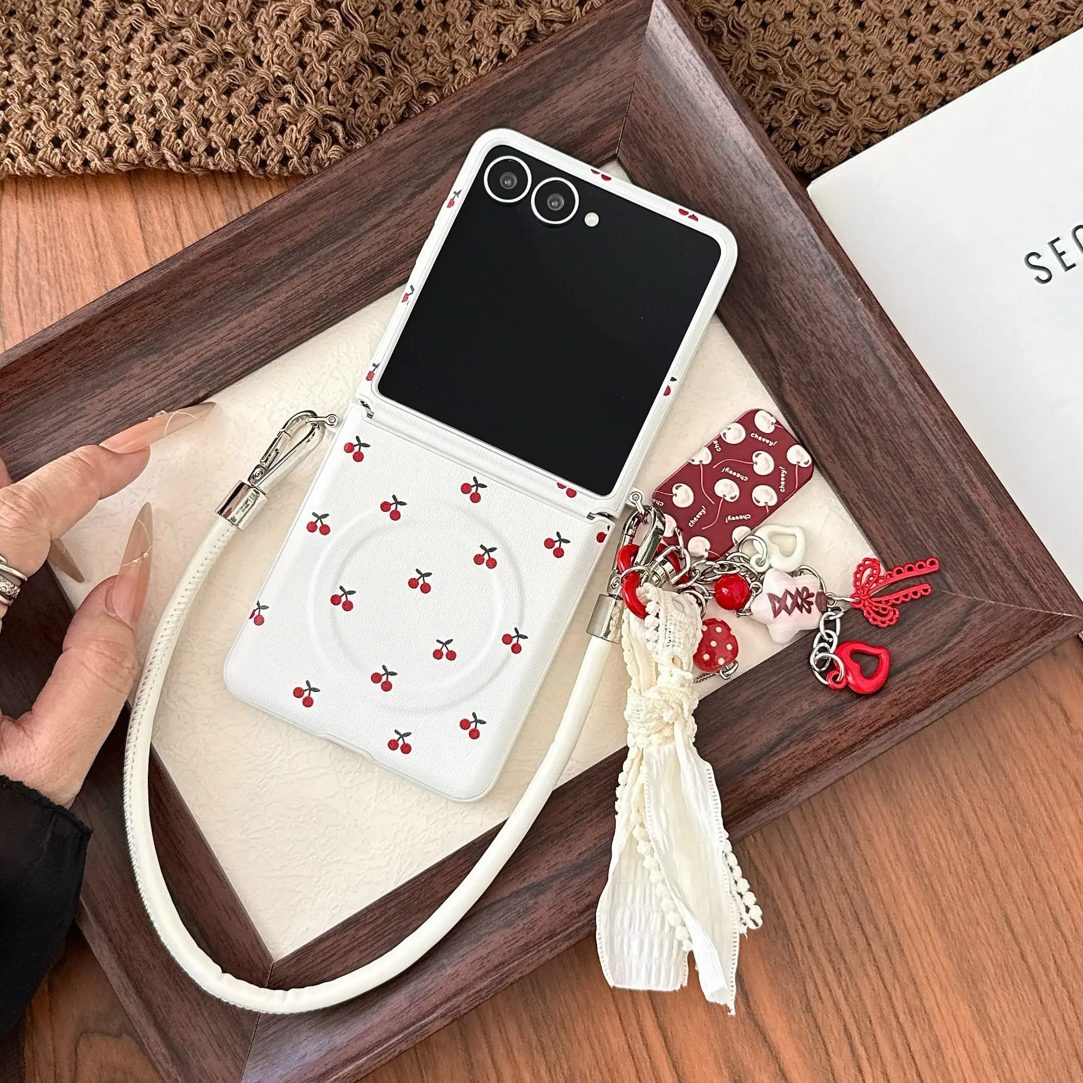 Fresh Cherry Magnetic Foldable Phone Case, Detachable Ring and Tassel, Wrist Strap, Samsung Galaxy Z Flip 8 Compatible