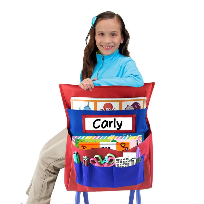 School Chair Back Linen Storage Bag - Seat Back Organizer for Books, Bags, Stationery, Classroom Supplies, Kids Desk Accessories