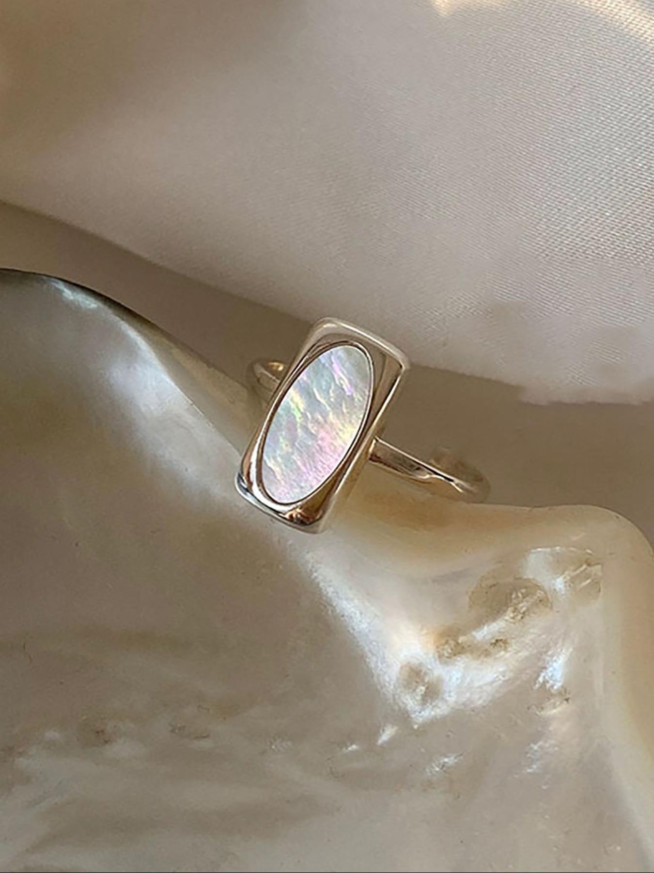 S925 Sterling Silver Simple Elegant Fashion Geometric Square White Shell Ring, Open Adjustable Finger Ring for Women, Retro Party Dating Gift