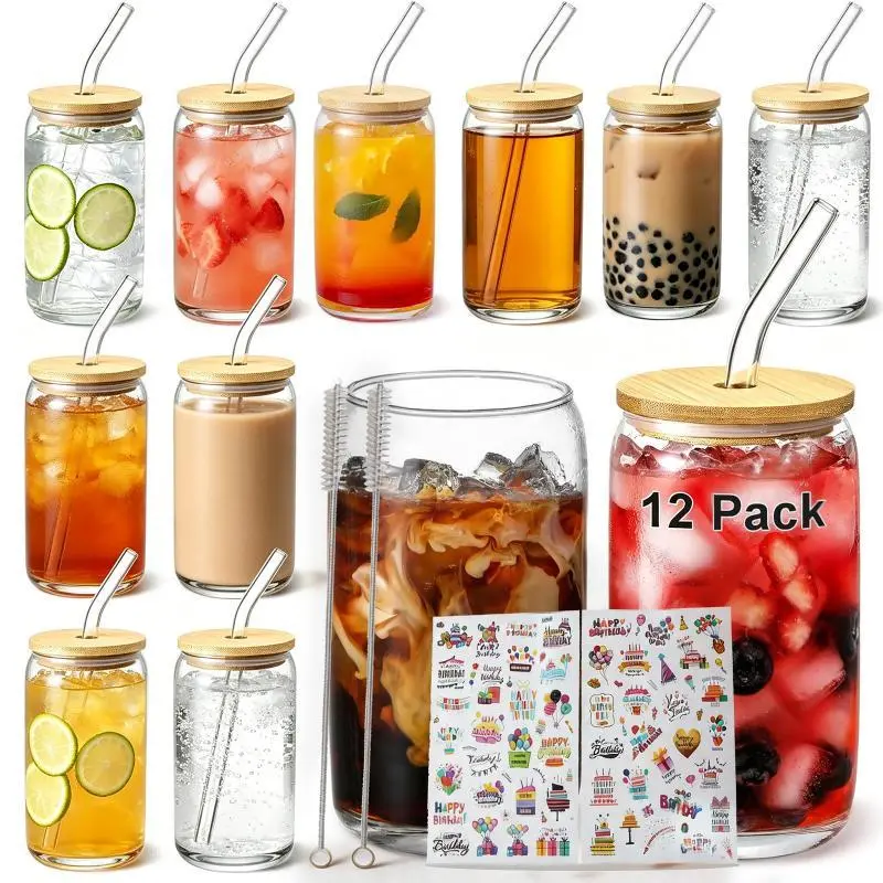 Glass Cup with Lid & Straw & Brush Set, Can Shaped Drinking Glasses Iced Coffee Glass Summer Cool Bottle, Birthday Gift Ideas, Suitable for Coffee, Juice, Milk Tea, Beer,16oz Party Clear Glass Cup Set,