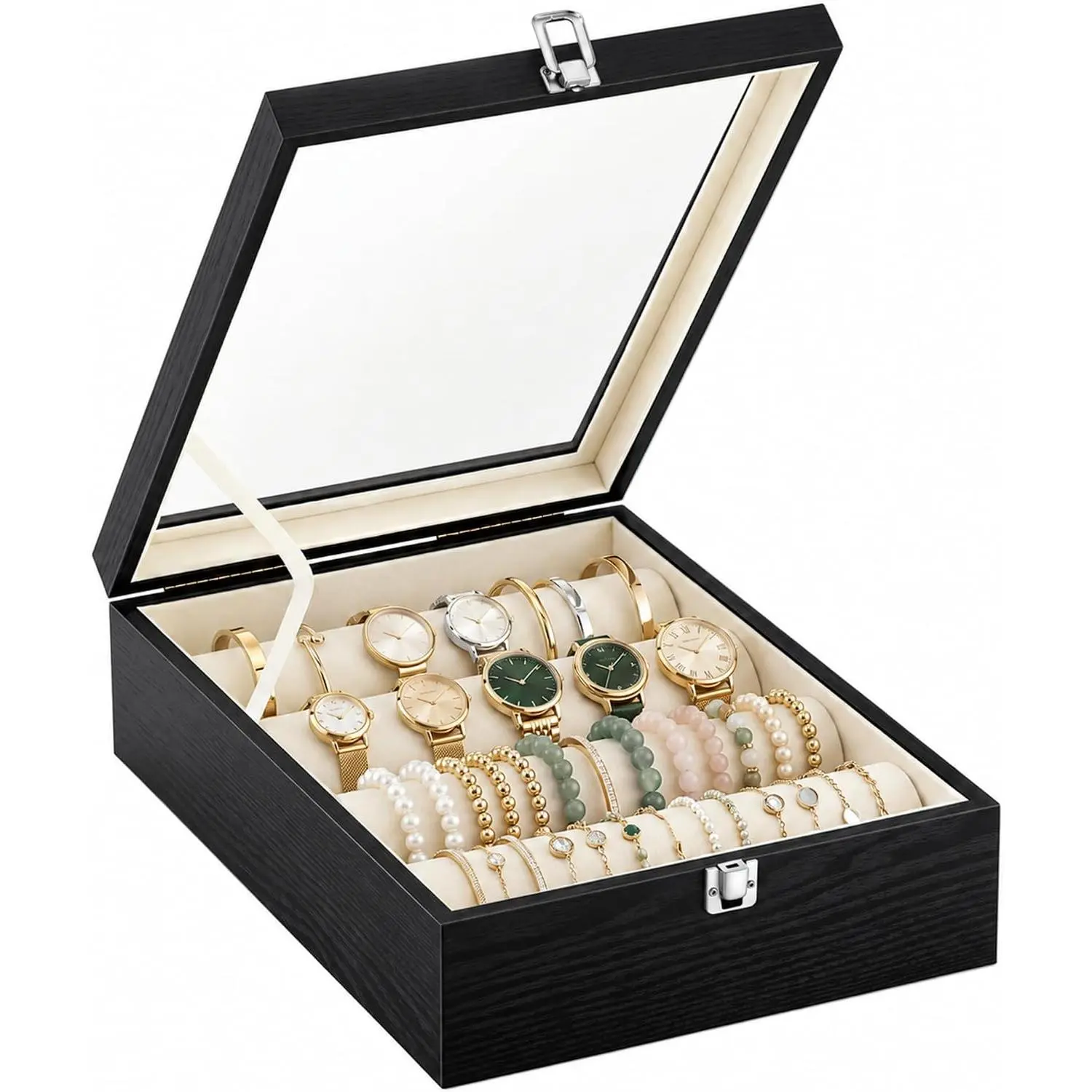 Wooden Bracelet Display Holder Organizer with 4 Rods and Clear Lid Jewelry Storage Case for Bangles and Watches, Black and Beige