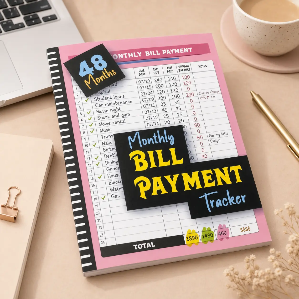 Bill Payment Tracker Notebook, 48-Month Budget Planner with 960 Records, Monthly Bill Organizer and Expense Tracker for Money Management, Debt Payoff, Personal Finance and Home Office Desk Planning