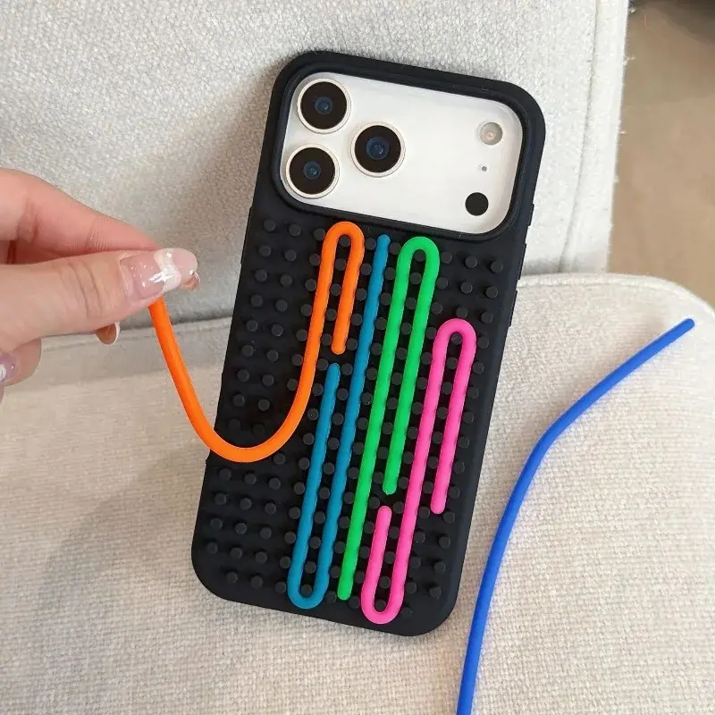 DIY Lacing Maze Pegboard Silicone Case for iPhone 13 14 15 16 17 Pro Max Sensory Fidget Stress Relief Shockproof Protective Cover with 5 Random Color Cords