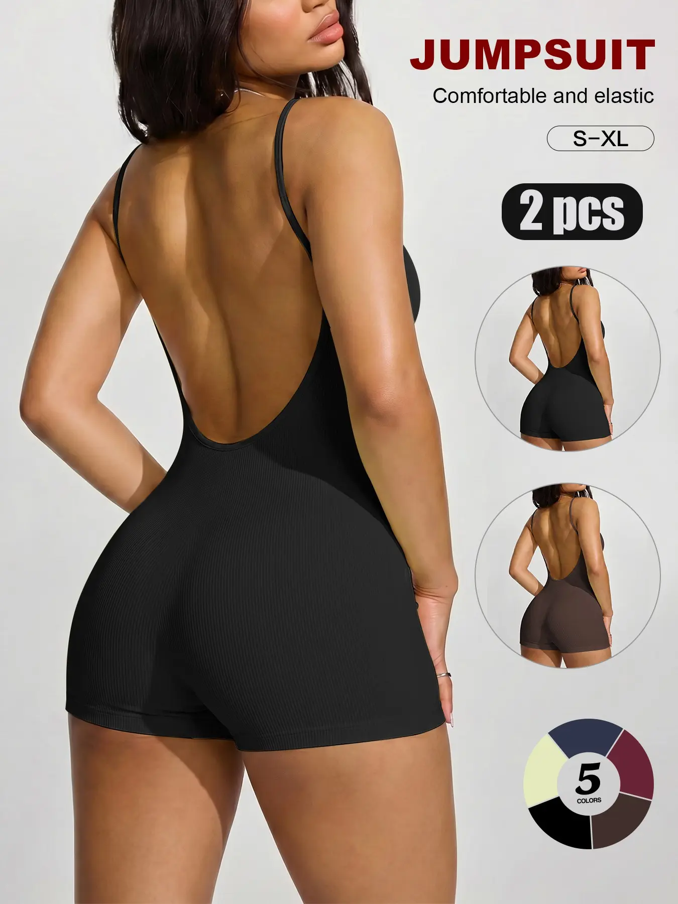 2026 Spring Summer Women's Ribbed Backless Romper, Spaghetti Strap Form Fitted Snatched Jumpsuit, Soft Stretchy Bodycon Playsuit for Casual, Workout & Beach, Workout Jumpsuits