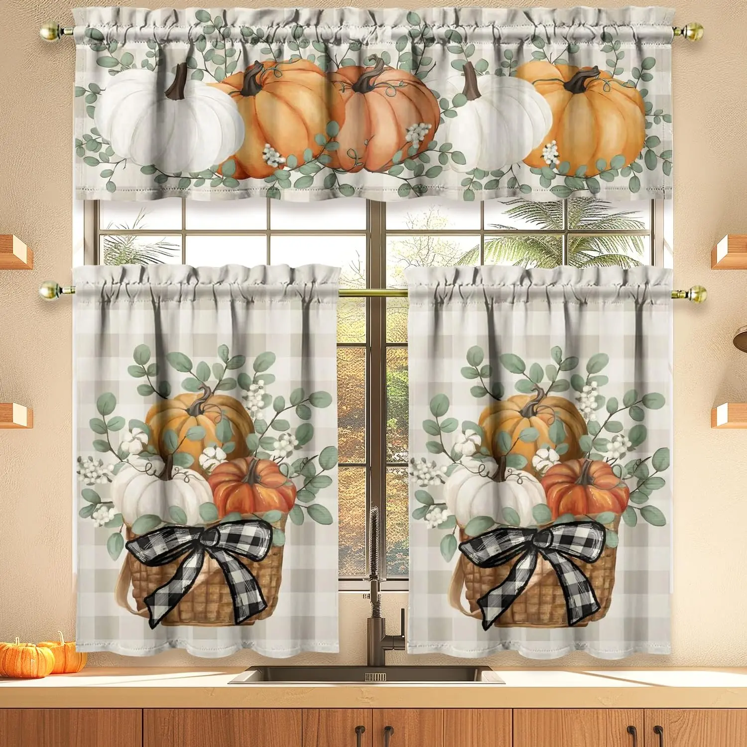 Fall Thanksgiving Pumpkin Kitchen Curtains Valances and Tiers 3 count Set,Eucalyptus Buffalo  Rod Pocket Kitchen Curtain over Sink Window, Cafe Curtains for Autumn Decor 36 Inch (Orange)