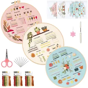 Beginner Embroidery Kit for Adults, 3-Pack Easy Needlepoint Starter Kits with Pre-Stamped Flower Embroidery Patterns, 7.8" Hoop, Floss & , Step-by-Step Guide ()