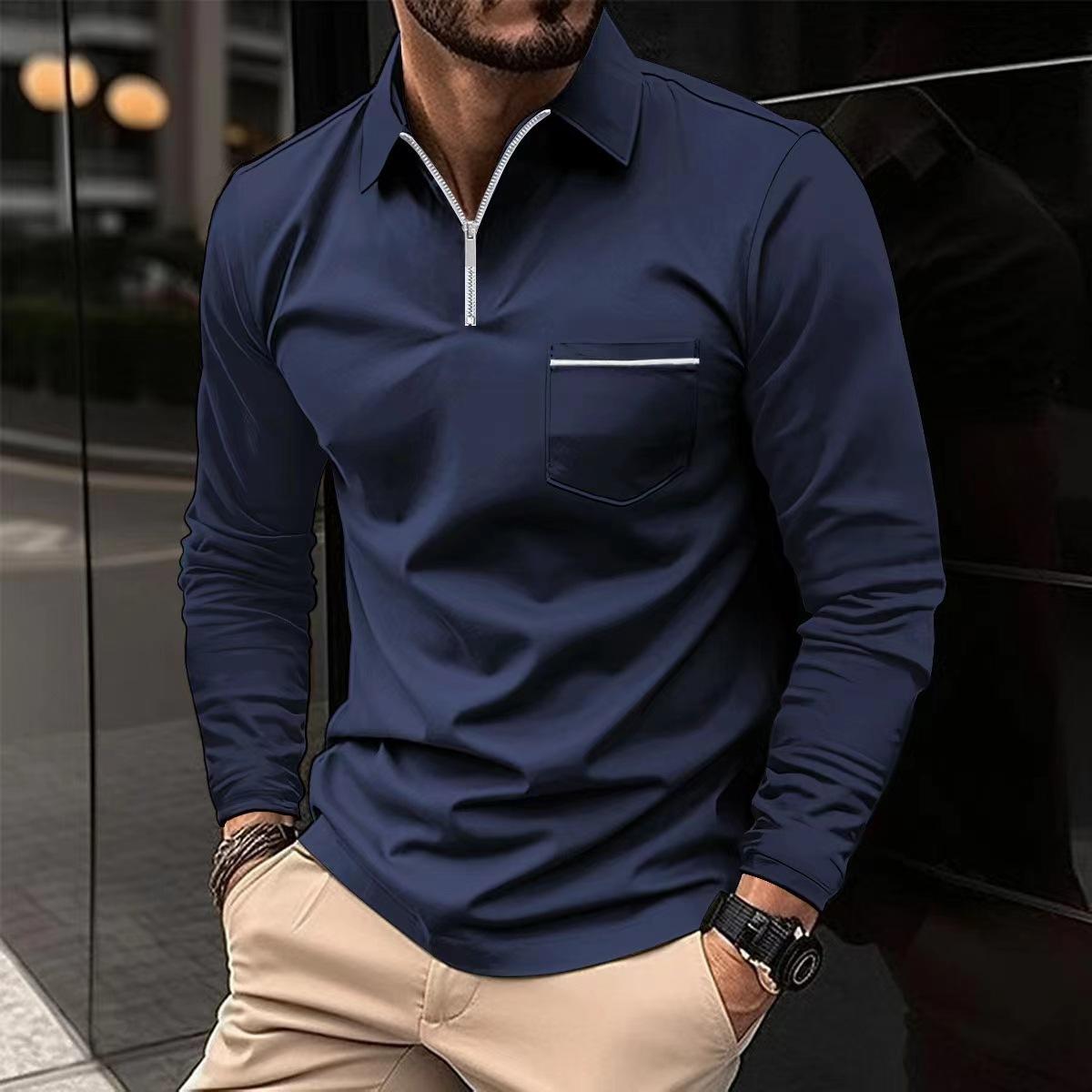 This men's solid color polo shirt with a zip-up collar and made of polyester-cotton blend is an ideal choice for casual wear in spring and summer.