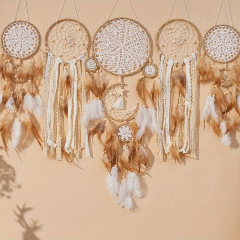 Boho Style Dream Catcher, 5 Counts/set Moon & Sun Feather Design Hanging Dream Catcher, Wall Hanging Decor, Art Wall Decoration for Home Living Room Bedroom