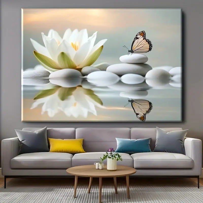 1-Piece Modern Abstract White Lotus 2D Flat Wrap-Around Poster, Multi-Size Houndstooth & Marble Accent Wall Art, Home Decor Gift for Home Office & Living Room - Suitable for New Year & Thanksgiving