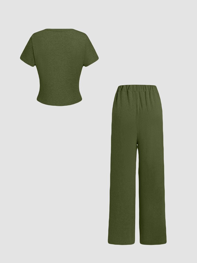Women's Solid Ribbed Crop Top & Wide Leg Pants Two-piece Set, Casual Fashion Cozy Top & Trousers for Daily Outdoor Wear, Ladies Clothes for All Seasons,Airport Outfit