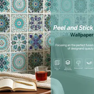 12 Piece Bohemian Floral Mosaic Wall Tiles, 3.96x3.96 Inches, Vinyl Backing Adhesive Stickers for Kitchen, Bathroom, Staircase Decor