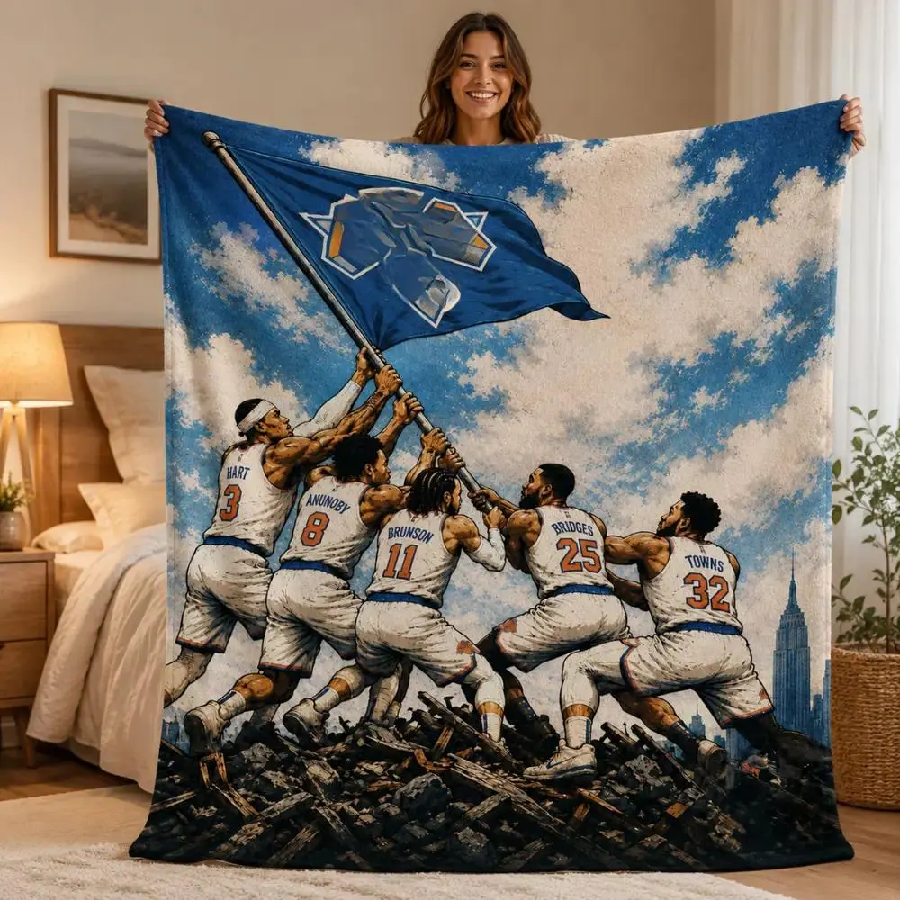 NY Basketball Team Blue Orange Color Scheme Pattern Flannel Throw Blankets Cooling Blankets Cooling Blanket Duvet Bedding Bed Accessories Comforter Set Soft Cozy Multi Purpose Sports Decor Blanket for Sofa Bedroom Man Cave Game Room Holiday Birthday Gift