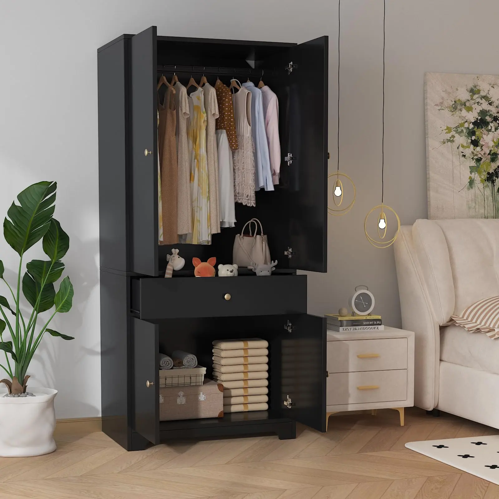 71" Armoire Wardrobe Closet with 4 Doors & 1 Drawer, Modern Wooden Bedroom Storage Cabinet with Aluminum Hanging Rod & Adjustable Shelves