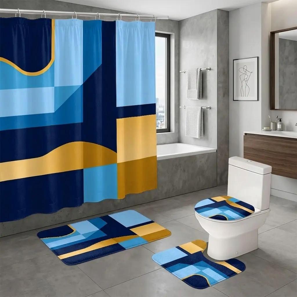 4pcs Blue Mustard Yellow Geometric Block Curve Abstract Print Shower Curtain Set, Modern Contemporary Bathroom Kit with Toilet Lid Cover & Matching Floor Mats, The floor mat fabric is thicker and softer! Minimalist Home Bathroom Interior Decor