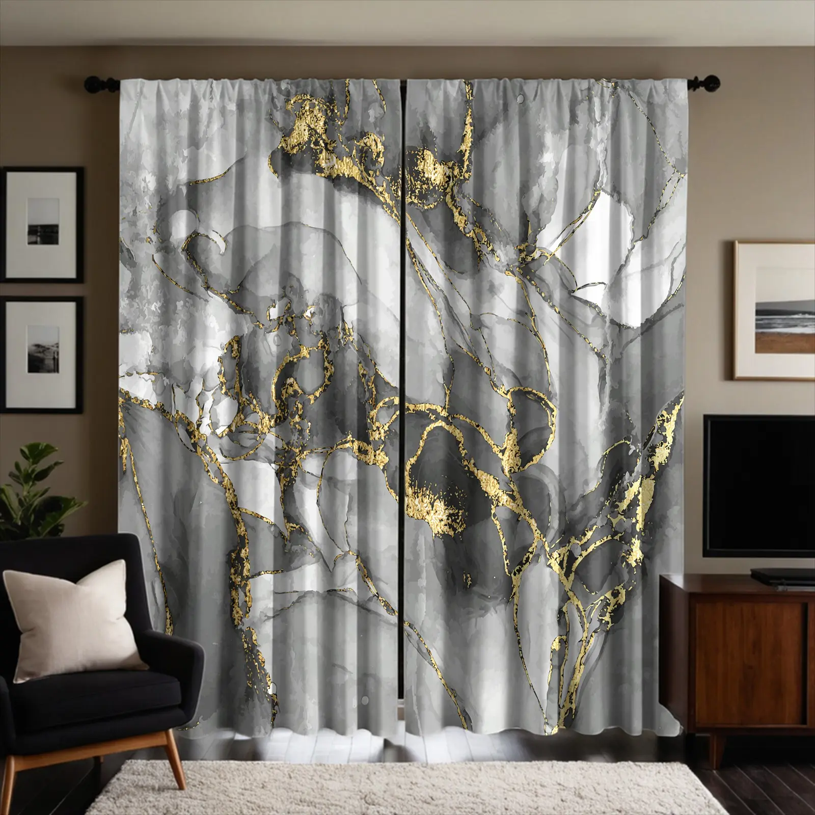 2-Pack Semi-sheer Decorative Curtains, Grey Gold Marble Print Rod-pocket Privacy Curtains, Soft Microfiber Fabric, For Aldult Bedrooms Living Room—Perfect for Modern Minimalist Home Decor