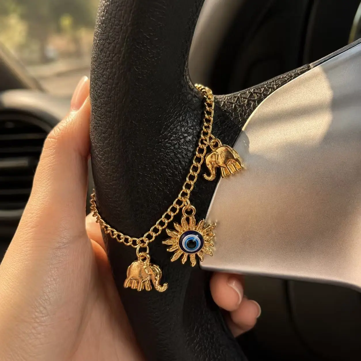 Car Steering Wheel Elephant Evil Eye Charm, Car Decoration for Men and Women, Stylish Automotive Ornament
