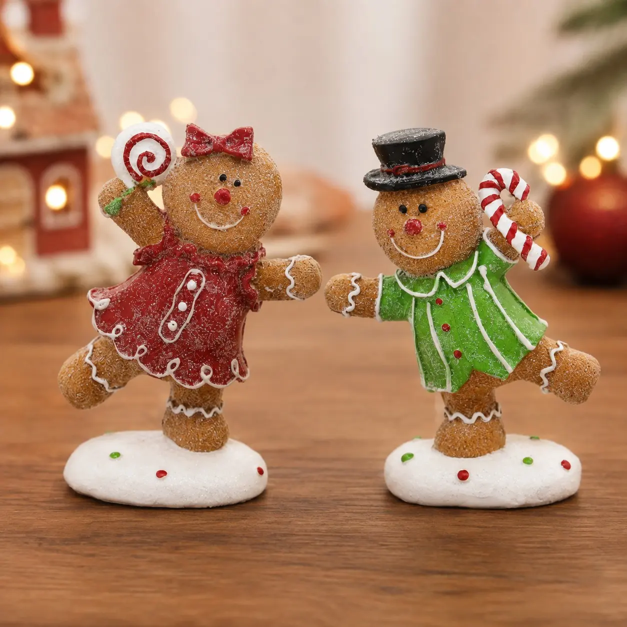 2PCS Christmas Gingerbread Figurines, Cute Gingerbread Boy & Girl with Candy Cane Decorations, Resin Christmas Tabletop Decor for Home, Holiday Party, Christmas Gifts & Winter Decorations,Christmas gift