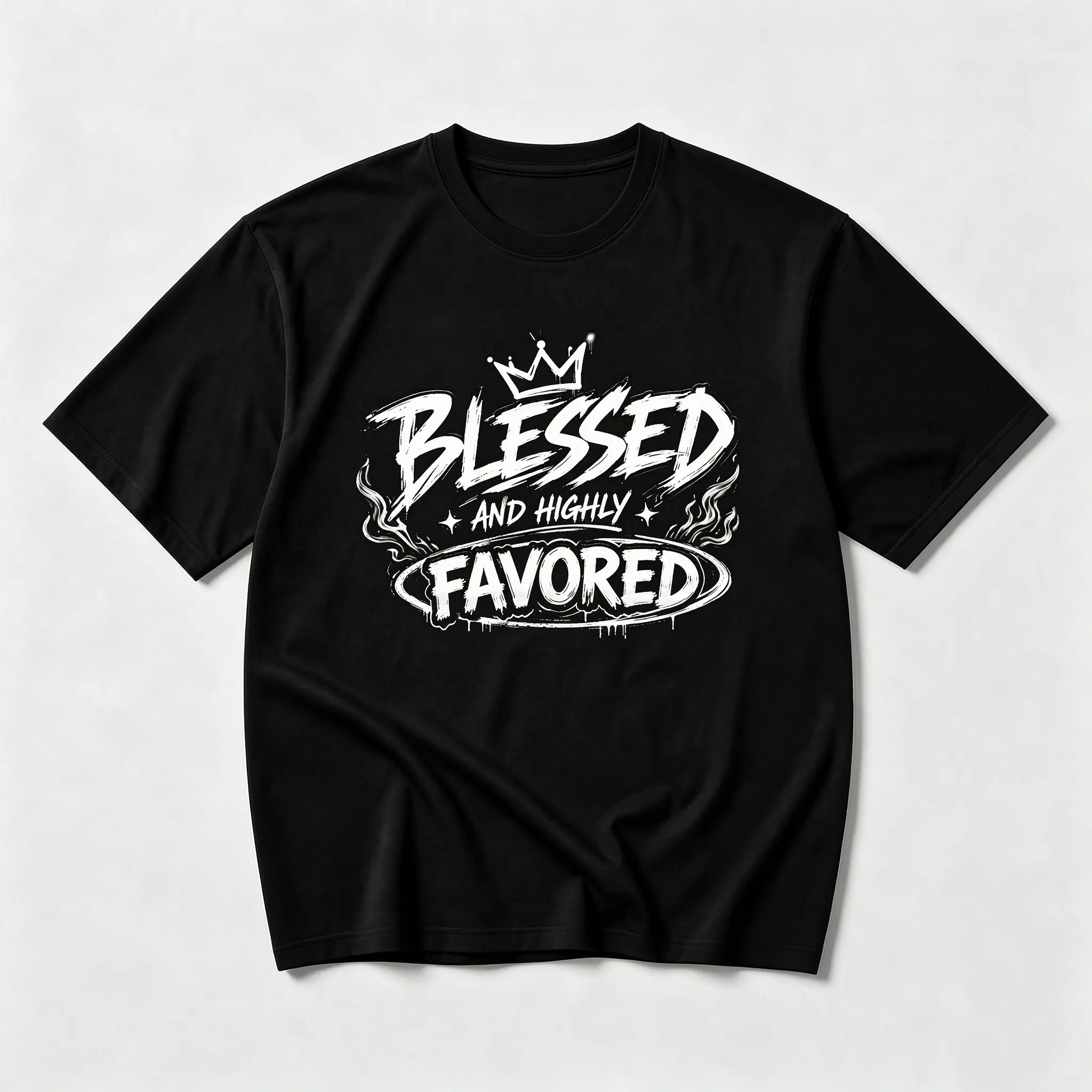 Retro Flame Crown Blessed And Highly Favored Modern Faith Graphic Print |     100% Pure Cotton T-Shirt, Bold Christian Blessing Street Tee, Unisex Church Urban Streetwear, Spring Summer Daily Outfit, Baptism Easter Thoughtful Faith Gift For Devotees