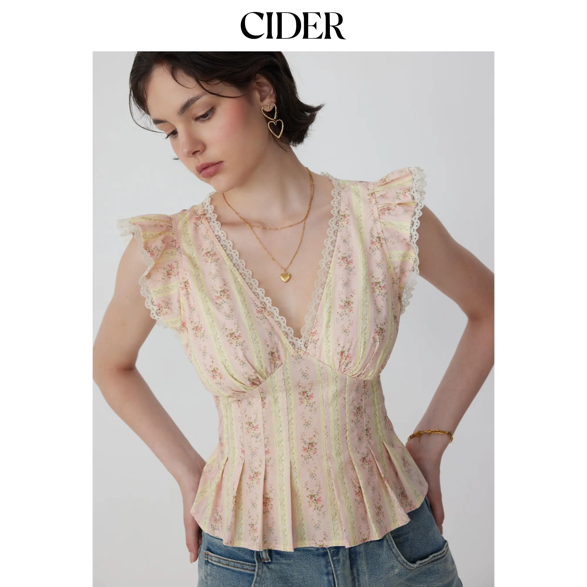 Cider Cotton-blend Stripe Floral V-neck Ruffle Sleeve Lace Trim Blouse