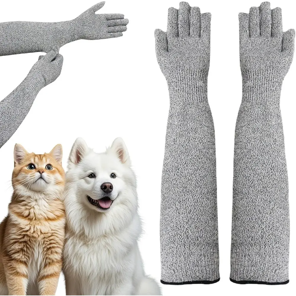 Set of 2 Polyester Bite-Proof, Anti-Scratch Pet Handling Gloves with Arm Sleeves for Arm Protection – Ideal for Cat Grooming, Dog Training (Cat Owners, Veterinarians), Armprotection