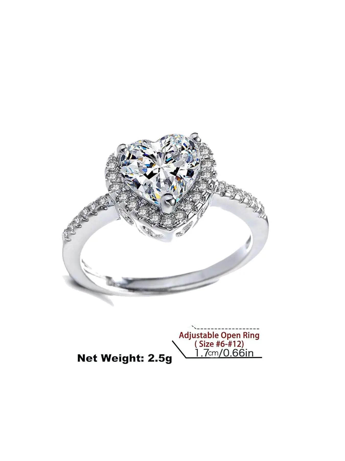 Women's Elegant Rhinestone Decor Promise Ring As Perfect Valentine's Day Gift for Girlfriend, Trendy Exquisite Heart Shaped Engagement Ring, Chic Gorgeous Jewelry with Rose Gift Box, Valentine's Day, Love Gift for Her