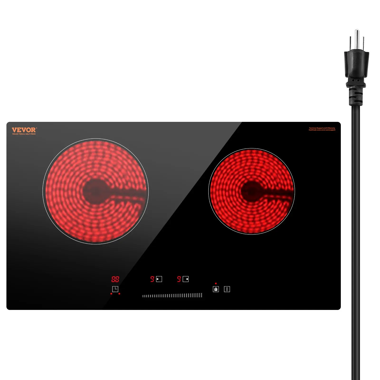 【Summerfinds】VEVOR Electric Cooktop, 24 inch 2 Burners Built-in Electric Stove Top, 1800W Ceramic Top Radiant Cooktop with Glass Panel, Touch Control, Timer, Child Lock, 9 Heat Level, Residual Heat Indicator, 120V
