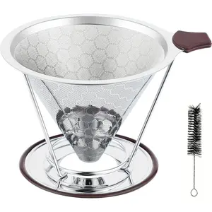 800 Mesh Reusable Pour Over Coffee Dripper, Metal Stainless Steel Honeycomb Filter, Paperless Cone Filter for Hario V60, Chemex and Mugs with Separate Stand, Single Cup Coffee Maker, 1-4 Cup