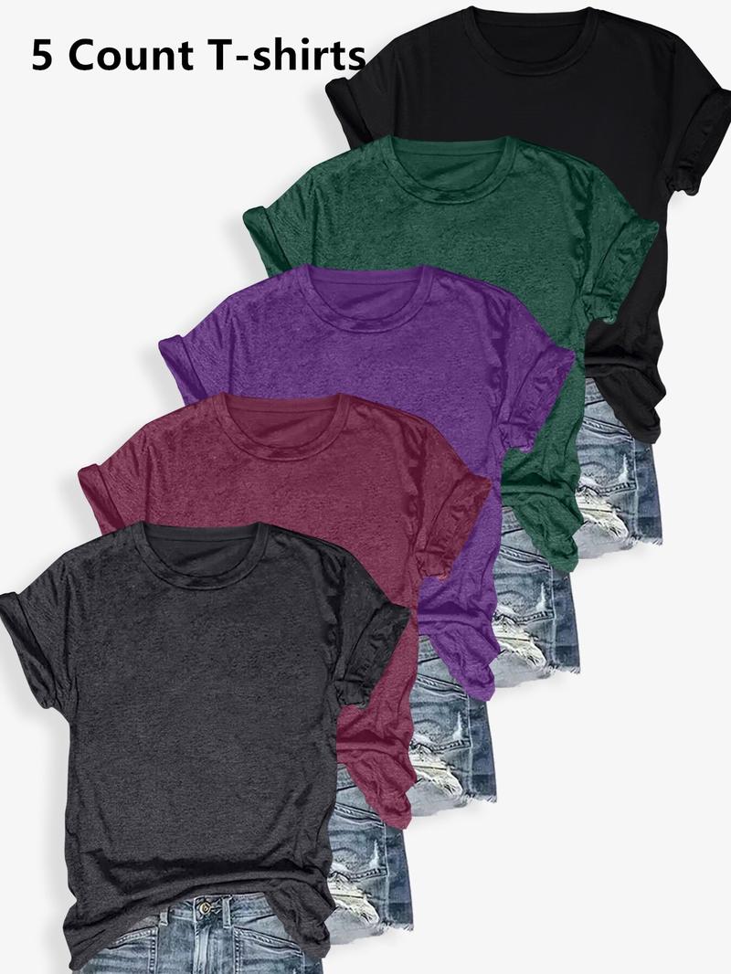 Women's Solid Color Round Neck Tee, Casual Short Sleeve Crew Neck T-shirt for Summer, Ladies Clothes for Daily Wear