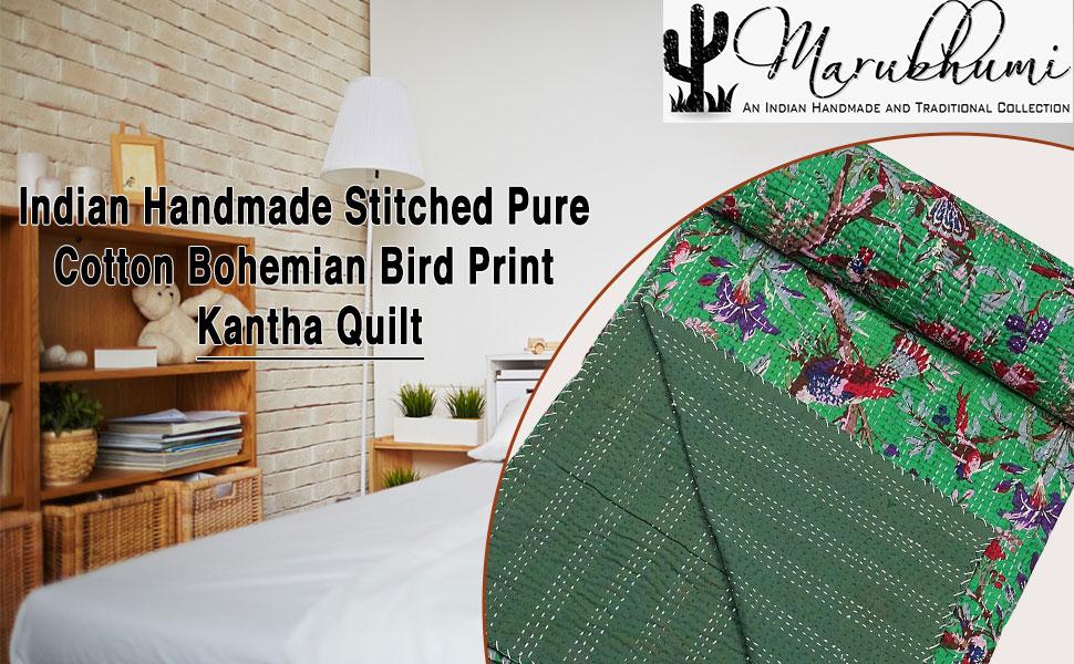 Indian Stitched Pure Cotton Bohemian Bird Print Kantha (Navy, Twin (60"x 90"))