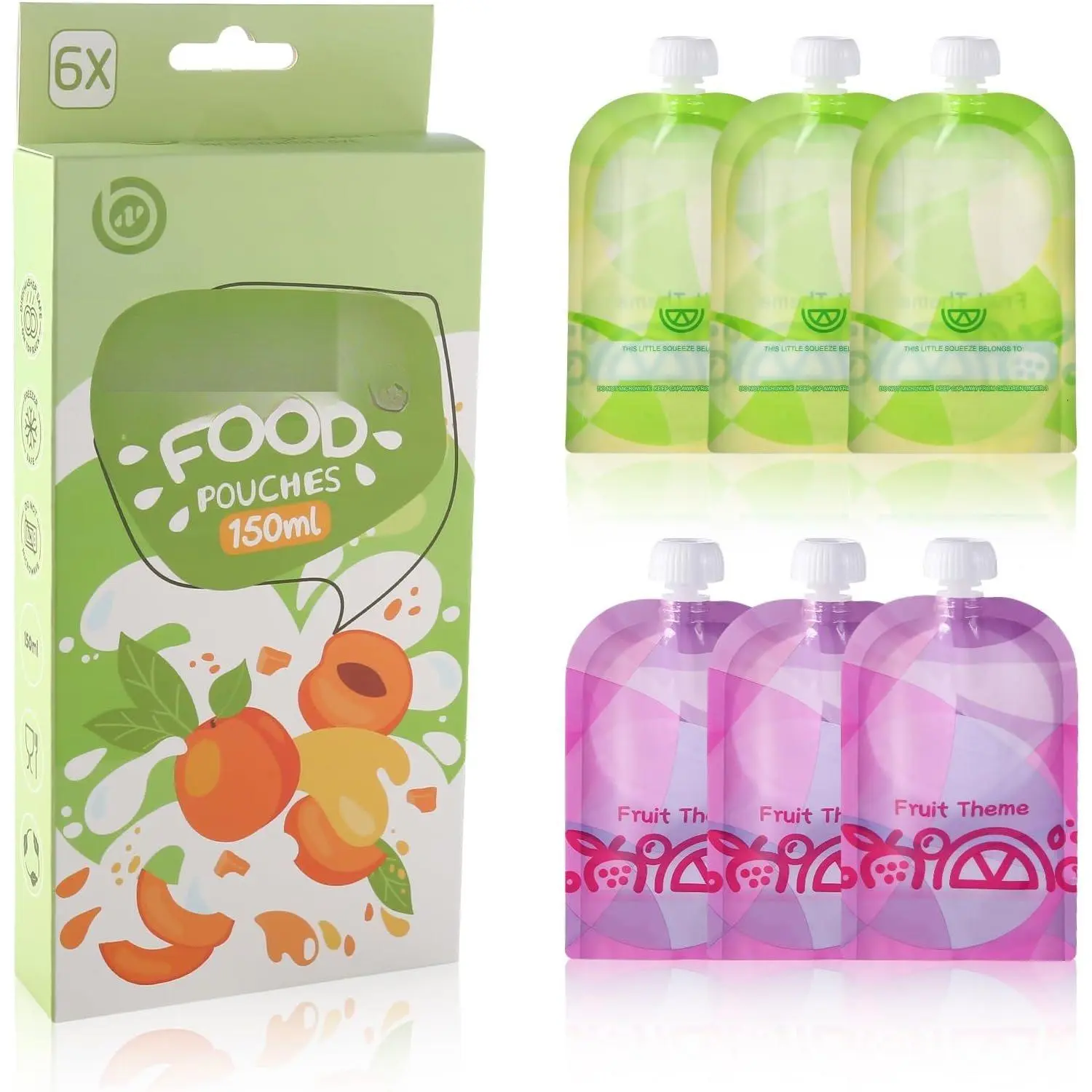 Pouches, 6 Pack 5oz / 150ml Squeeze Pouches for Homemade  , Purees, Smoothies & Yogurt, Refillable  Storage Bags for -the-Go Feeding,  & Travel