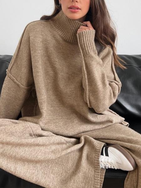 Women's 2 Pcs Solid Color Sweater Set for Autumn Winter, Long Sleeve Turtle Neck Drop Shoulder Pullover Sweater and Wide Leg Pants, Women's Fall Outfits, Loungewear Set