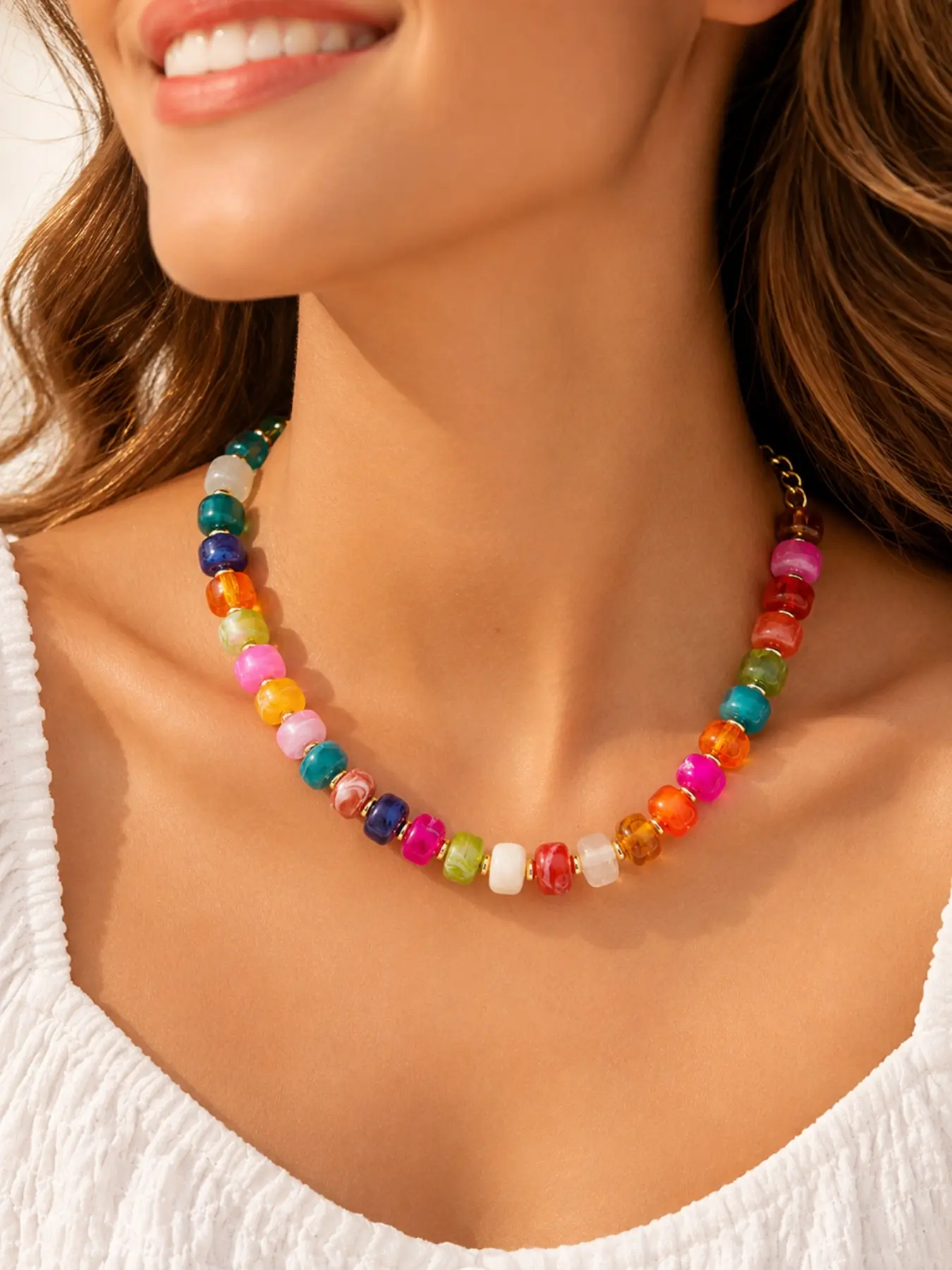 Chunky Translucent Beaded Necklace, Blue or Multicolor Statement Choker with Gold Tone Spacer Beads and Adjustable Chain, Boho Y2K Summer Beach Vacation Jewelry, Bikini and Resort Outfit Accessory