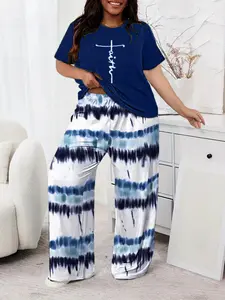 Plus Size Women's Print Tie-Dye Wide Leg Pants Set, Solid Short Sleeve T-Shirt and High Waist Wide Leg Pants, Suitable for Home and Outdoors