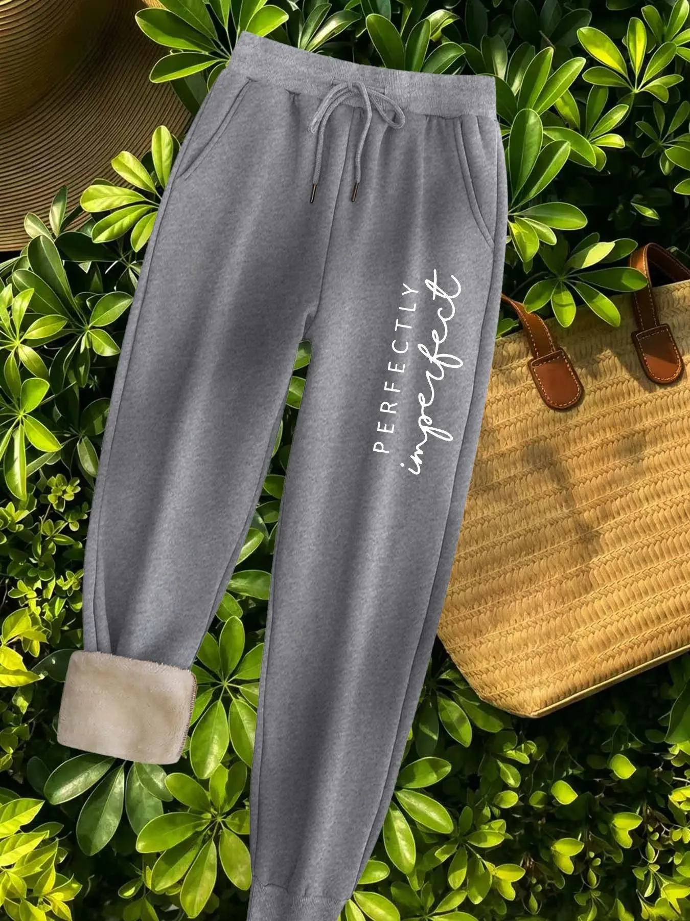Perfect and Imperfect Letter Print Winter Fleece Lined Warm Sweatpants, Drawstring High Waist Slim Fit Casual Pants for Winter