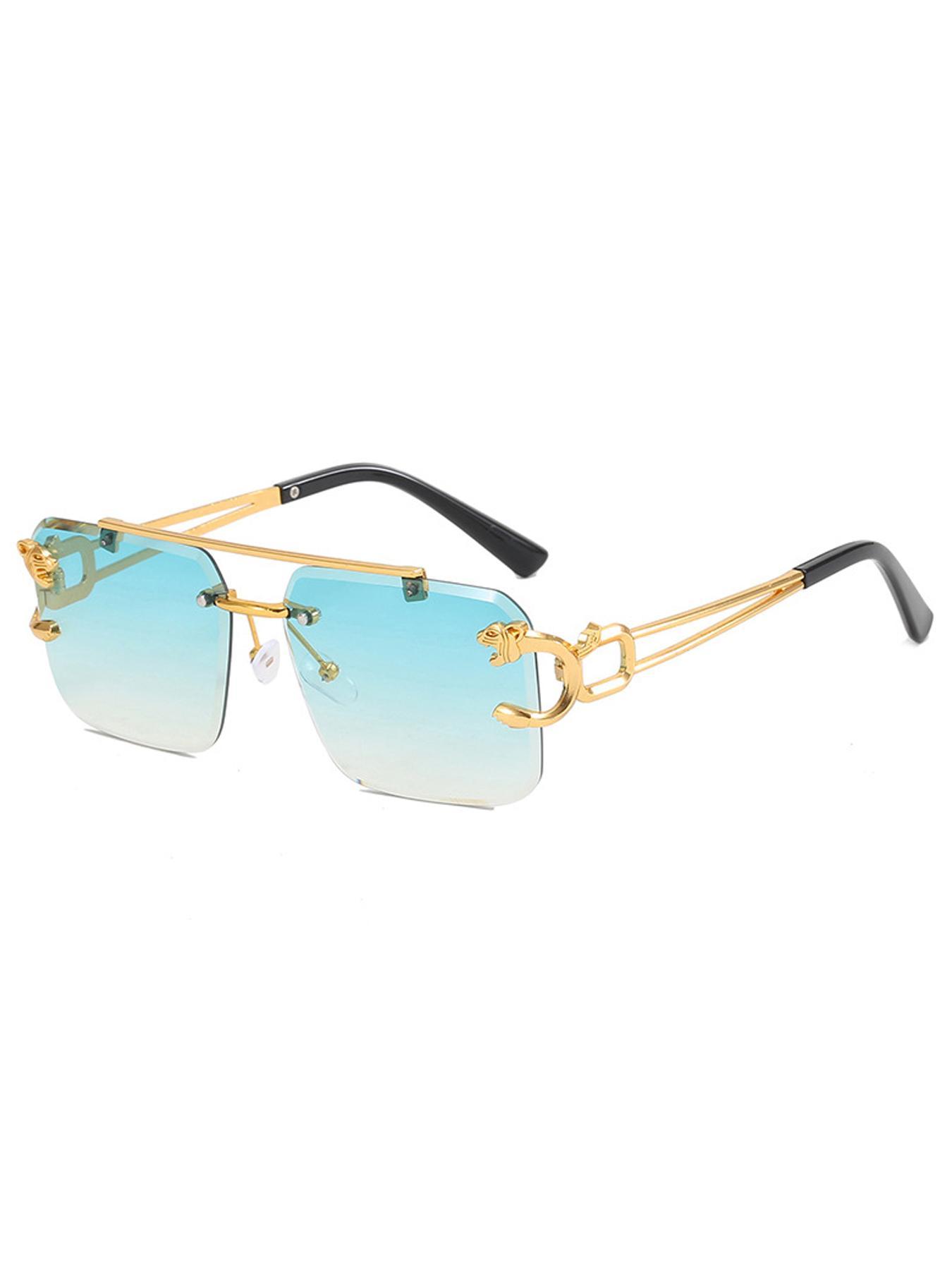 Luxury Square Gold Frame Fashion Sun Glasses Metal Leopard Rimless Sunglasses Double Bridges Gradient Ocean Film Shades UV400 Trendy Casual Sunglasses